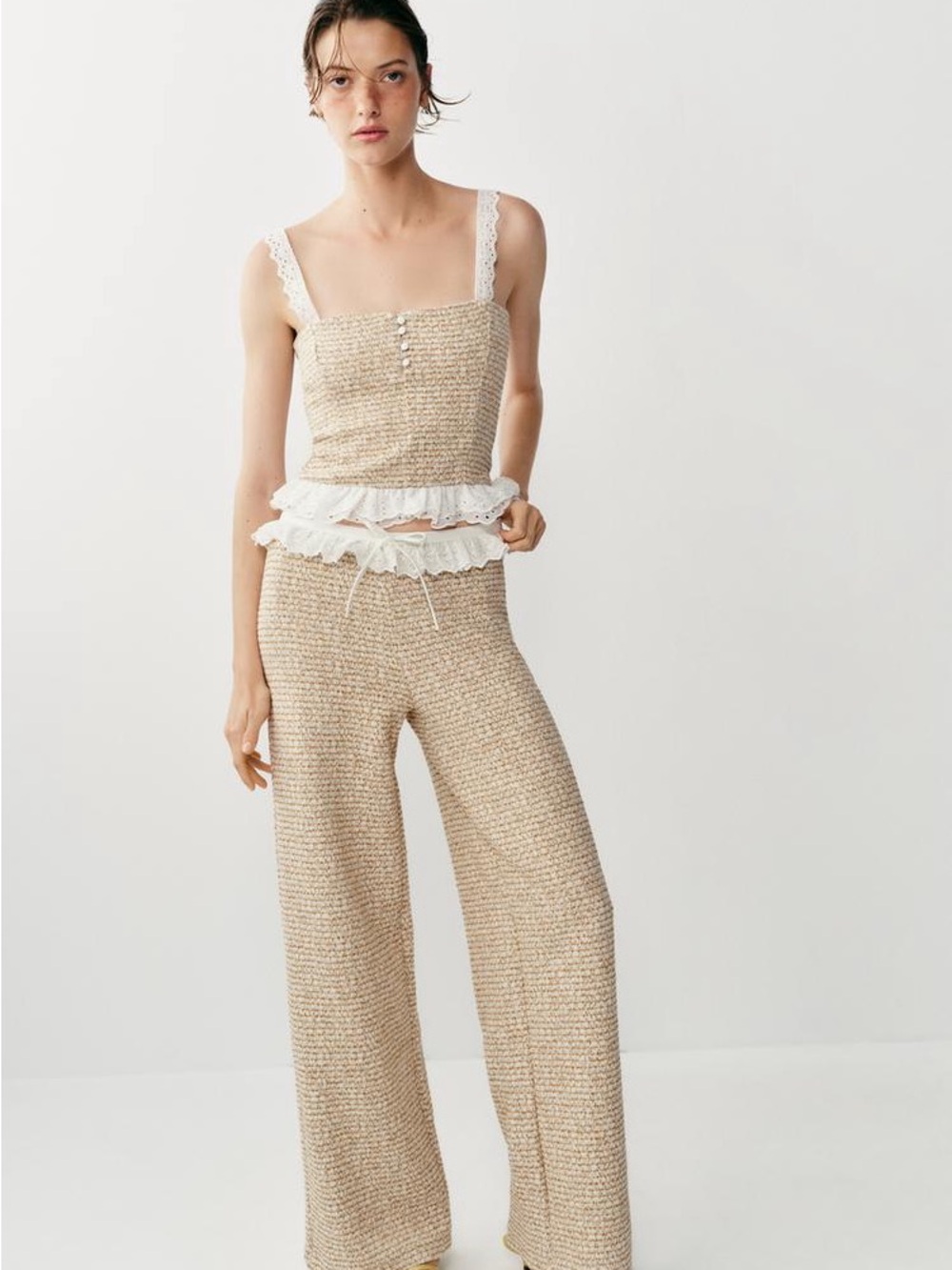 ZARA BNWT TEXTURED RUFFLE SET. SOLD AS SET. ECRU/BROWN 5039/273/086